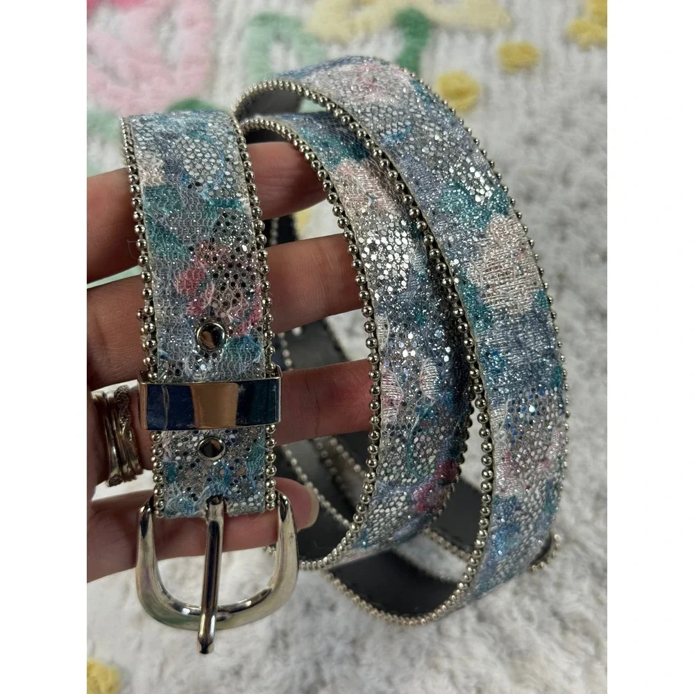 Floral Lace Glitter Belt with Ball Chain Trim Silver Buckle Pastel Y2K XL